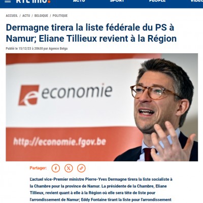 Dermagne tirera la liste fédérale du PS à Namur; Eliane Tillieux revient à la Région